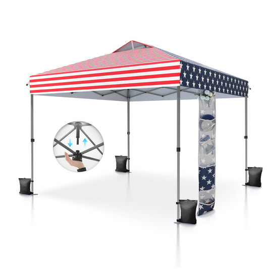 PHI VILLA 10x10 Pop Up Canopy Tent - One Push Setup, Instant Shade Tent with Vented Roof for Beach & Events - Includes Storage Bag, Sandbags, Stakes & Ropes (American Flag)