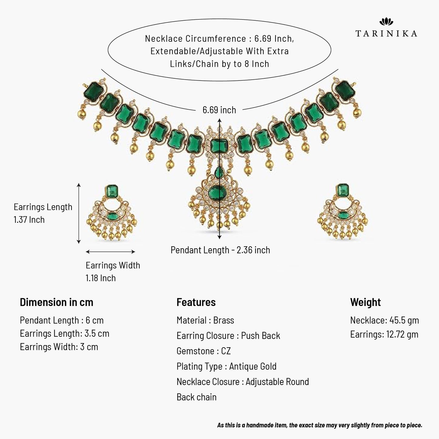 TARINIKA Green and White Cubic Zirconia(CZ) Indian Necklace Set with Earrings, Gold Plated Brass Fashion Indian Jewelry Gift for Women Bollywood Costume Jewellery (Emerald Shine CZ)