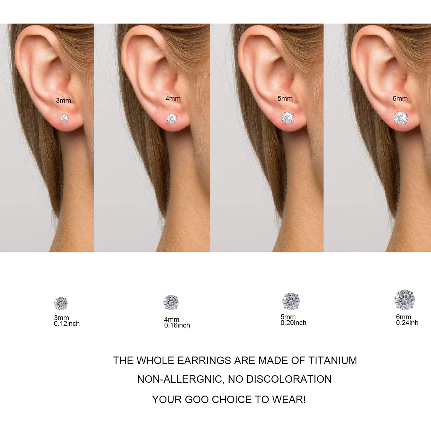 1 Pair Implant Grade Titanium Stud Earrings Set Hypoallergenic 3mm 4mm 5mm 6mm Cubic Zirconia G23 Titanium Earring Studs for Women Men for Sensitive Ear (4mm clear)
