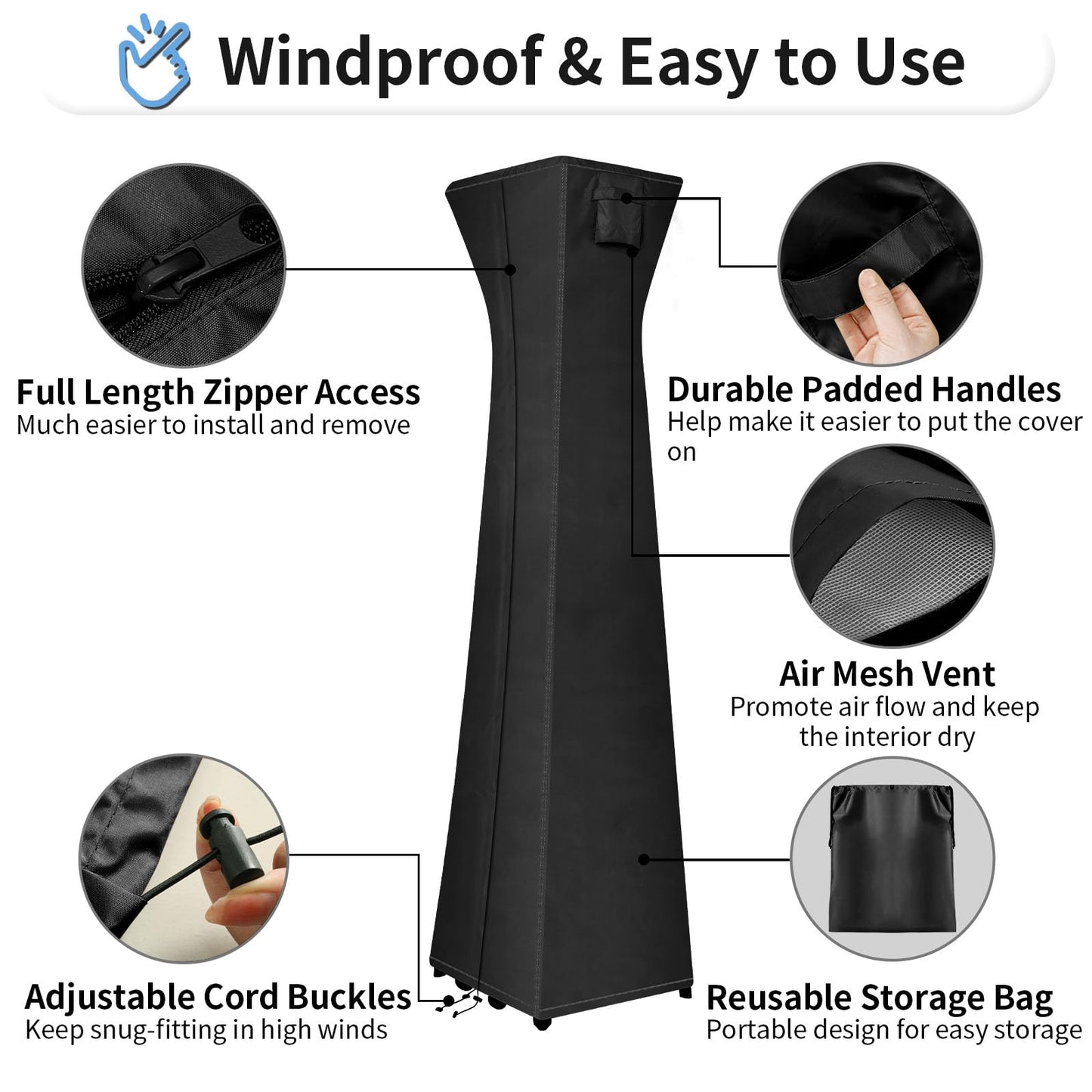 OutdoorLines Waterproof Outdoor Patio Heater Covers with Zipper and Storage Bag, Dust-proof UV-Resistant Windproof Propane Heavy Duty Heater Cover for Standing Heater, 1 Pack-90Hx23Lx23W inch Black