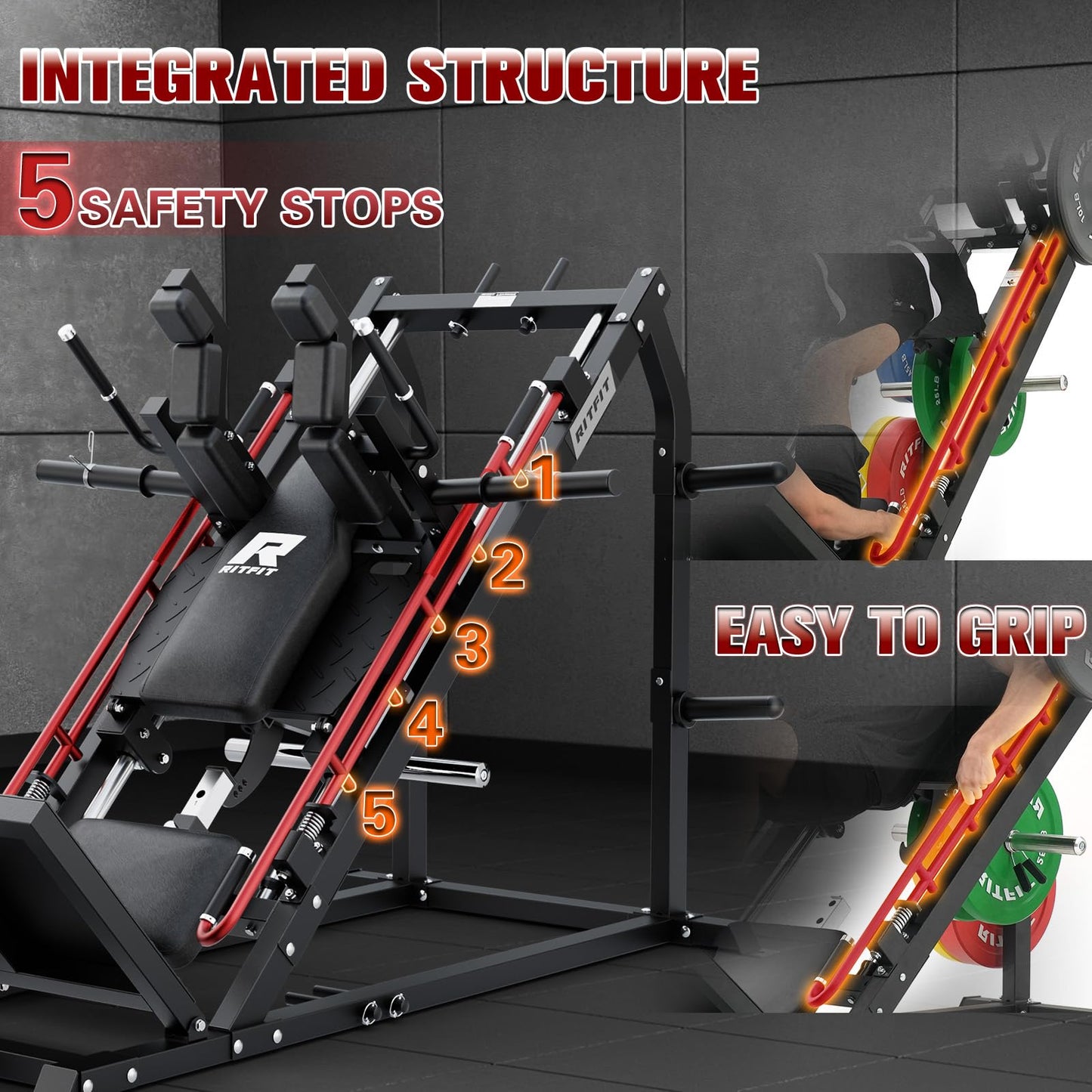 RitFit Gazelle Pro 3 in 1 Leg Press and Hack Squat Machine - High-Tensile Steel Leg Press Machine, 2000lbs Capacity, Adjustable Angles with Weight Storage (Red (with 35lb Rubber Weight Plates))