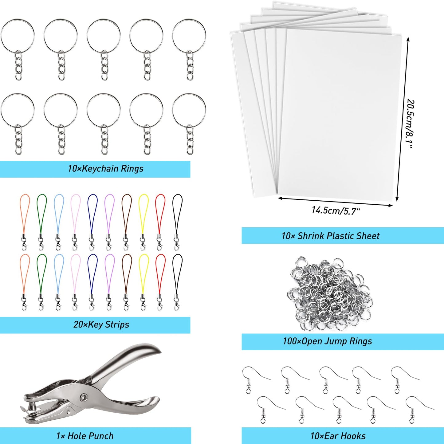 ASTARON 168Pcs Shrinking Plastic Sheets Kit Includes 15 Shrinking Film Art Paper, Hole Punch, 140 Pcs Shrinkles Keychain Jewelry Making Accessories for Kids Craft Supplies