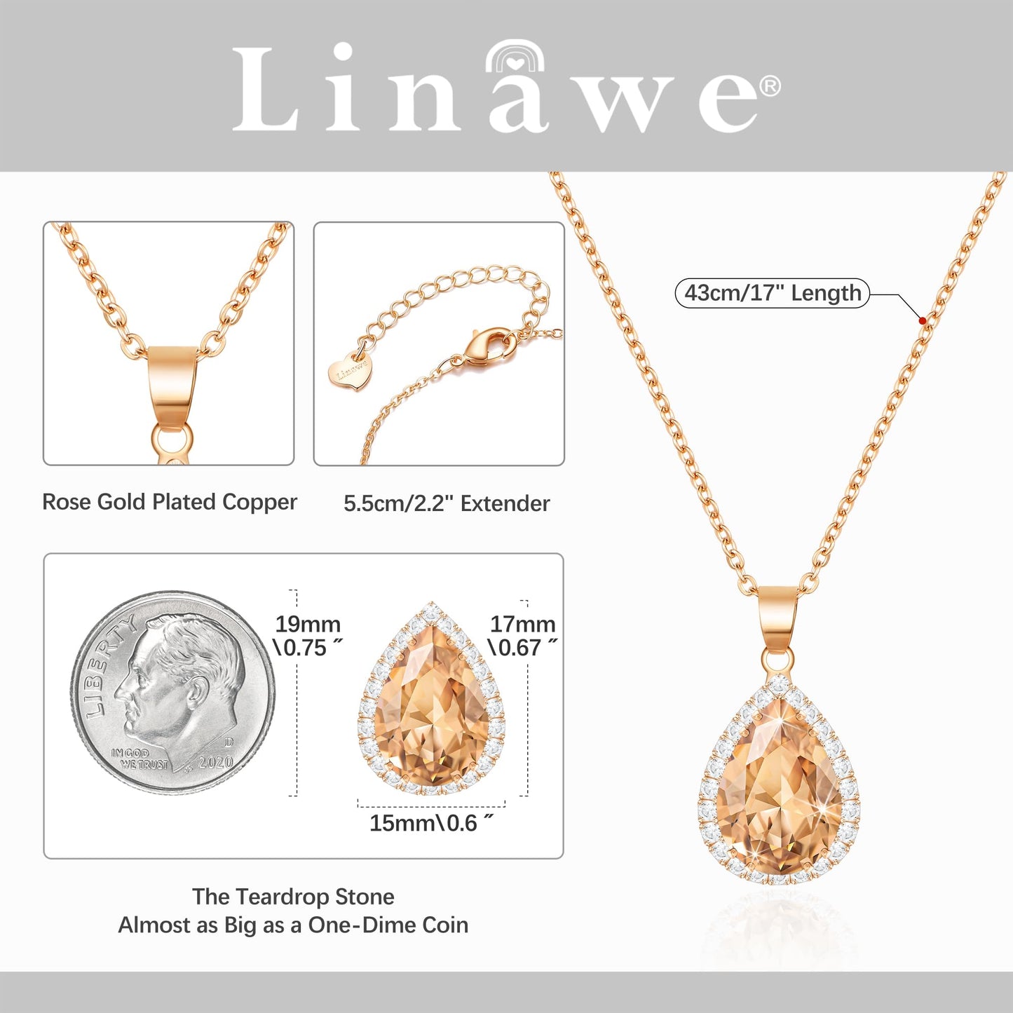 Linawe Rhinestone Fake Diamond Pendant Necklace for Women Trendy, Rose Gold Color Champagne Cubic Zirconia Crystal Moissanite Gemstone Tear Drop Necklaces, Dainty Simple Solitaire Necklace