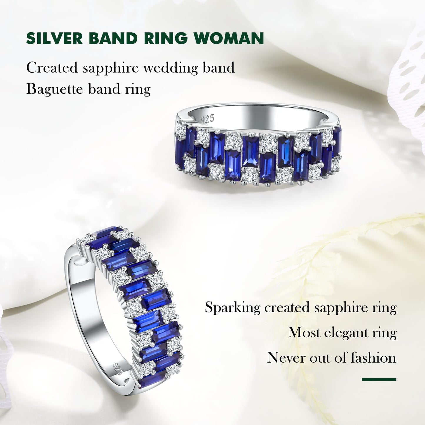 RANDES Sapphire Eternity Band Rings for Women Baguette Wedding Band 925 Sterling Silver Blue Stone Ring Anniversary Jewelry Size 7