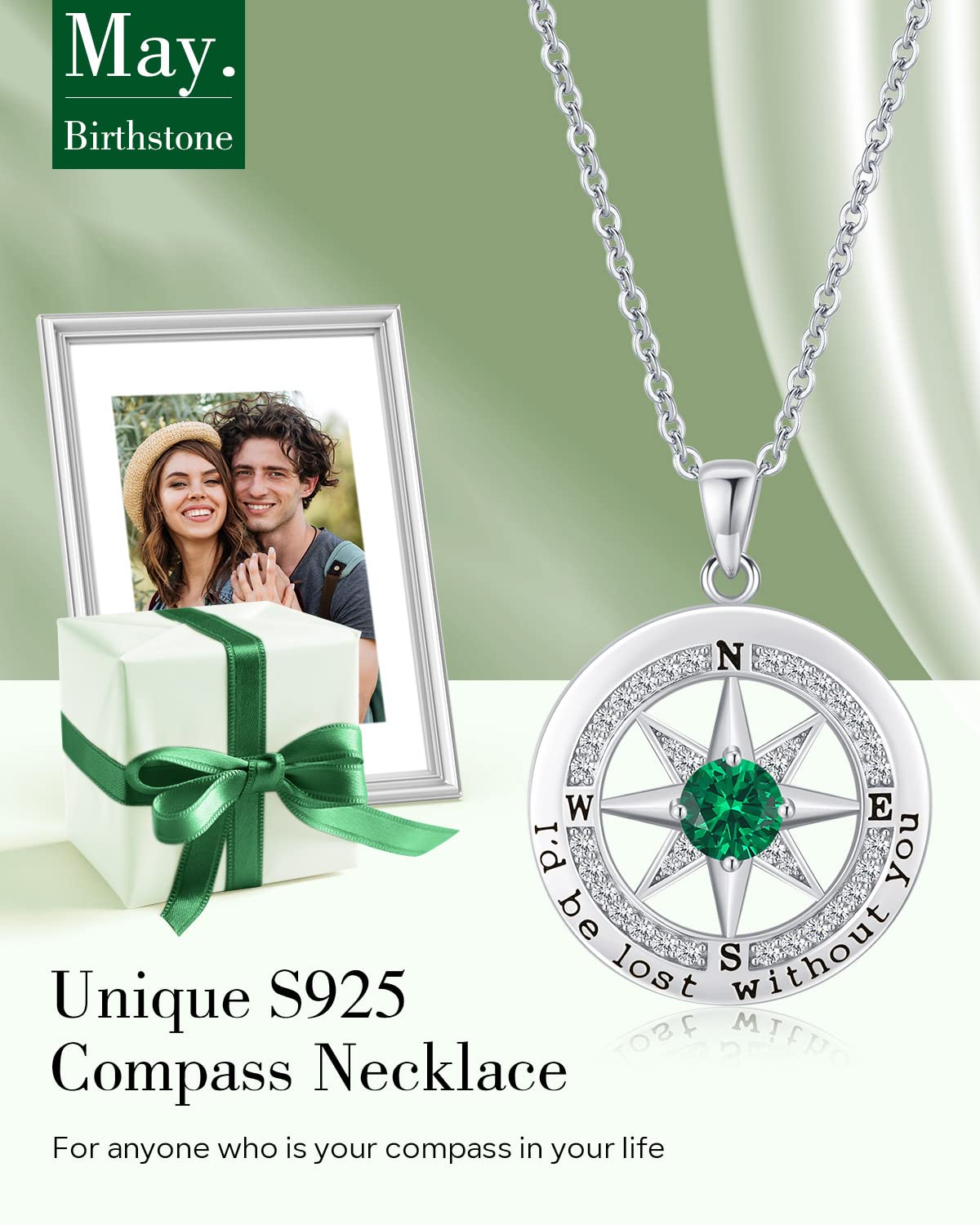 S925 Sterling Silver Necklace for Wife, Women Anniversary Year Gifts Compass Jewelry, Birthday Gift Ideas for Her Girlfriend Woman Necklaces, 18K White Gold May