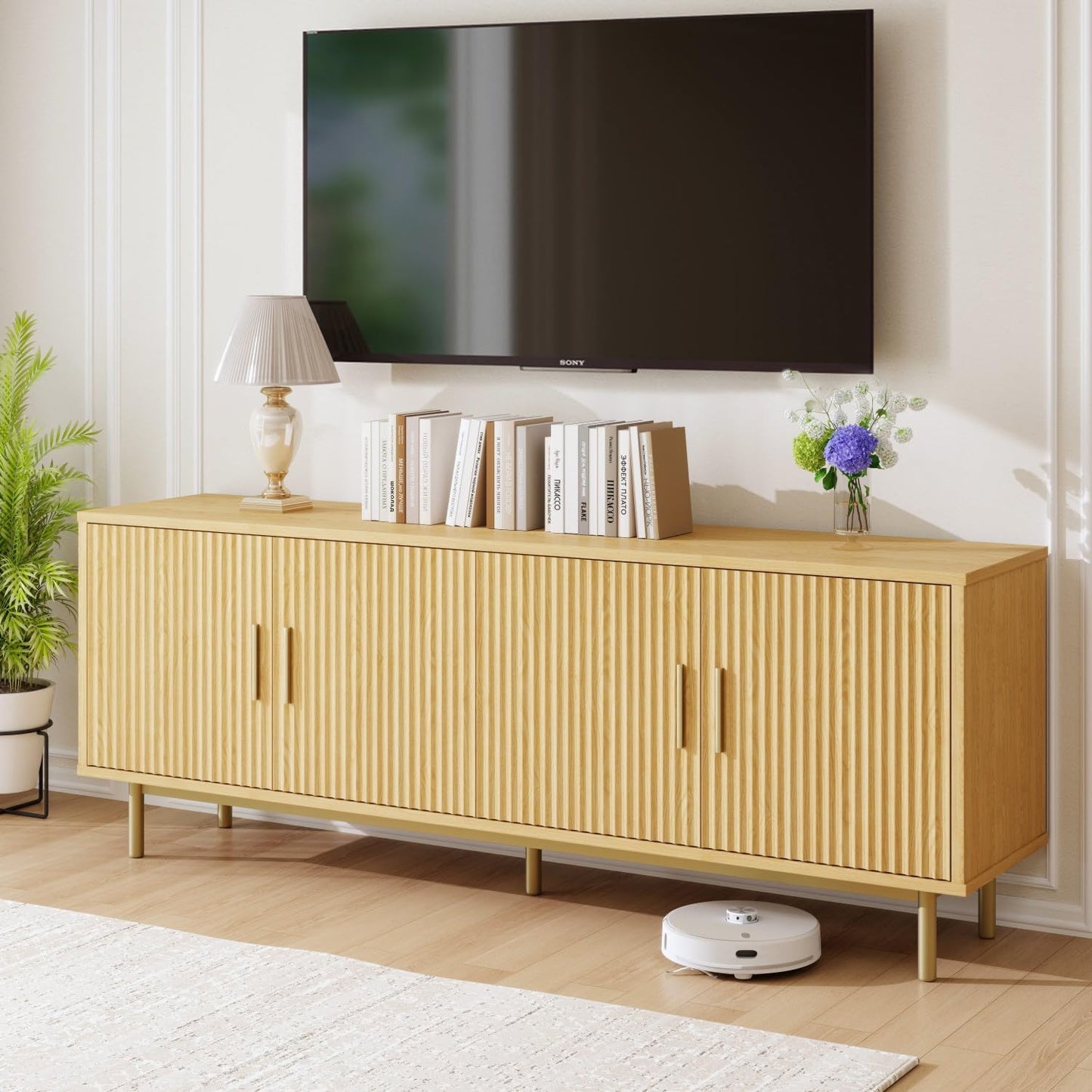 Vipbear 70 Inch TV Stand, Modern TV Stands for Living Room, TV Console Cabinet with Storage & Adjustable Shelves, Entertainment Center for TVs Up to 80 inches, Natural Oak TV Stands