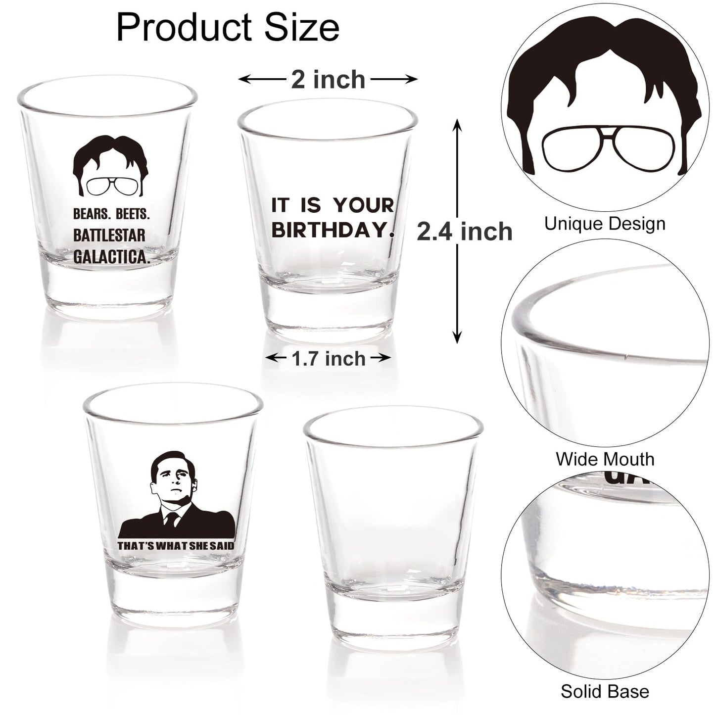 PuGez The Office Shot Glass Gift Set of 4, TV Show Merchandise, Keepsake for Fans Lovers, Birthday Presents for Men/Women,1.5 oz