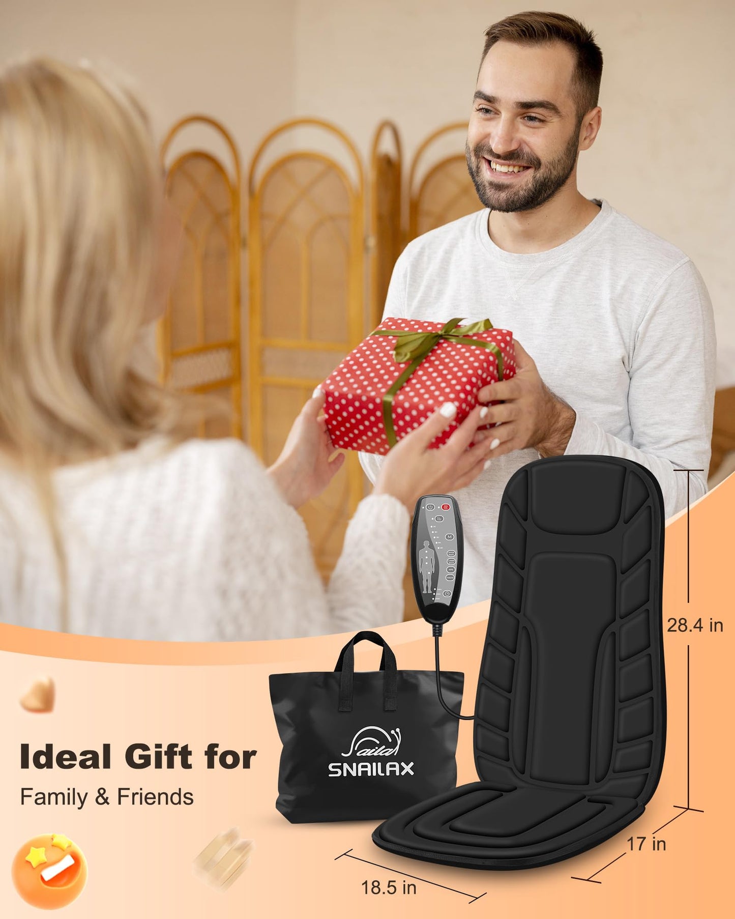 Snailax Back Massager with Heat, Massage Seat Cushion with 10 Motors, Massage Chair Pad for Home Office Use, 5 Modes & 3 Intensity Levels, 2 Heat Settings with 30-60-90 Mins Timer, Gifts for Him Her