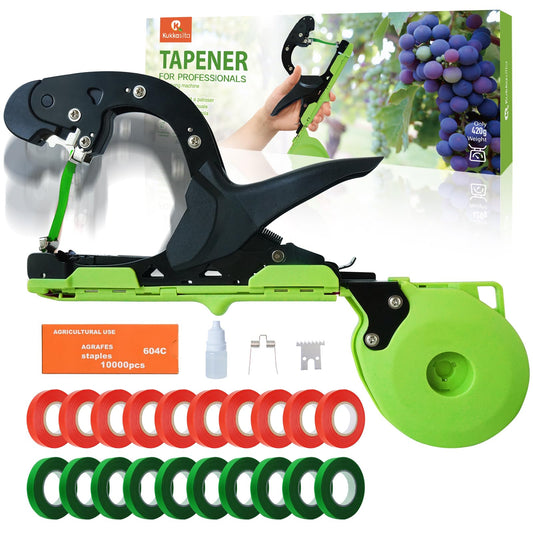 Kukkasilta Upgraded Plant Tying Machine Tie Up Vine Tomatoes and Grapes Quickly Plant Tying Tape Tool for Gardeners Farmers Plant Tie Tapener Gun with SK5 Blade Replacement Green Tapes and Staples