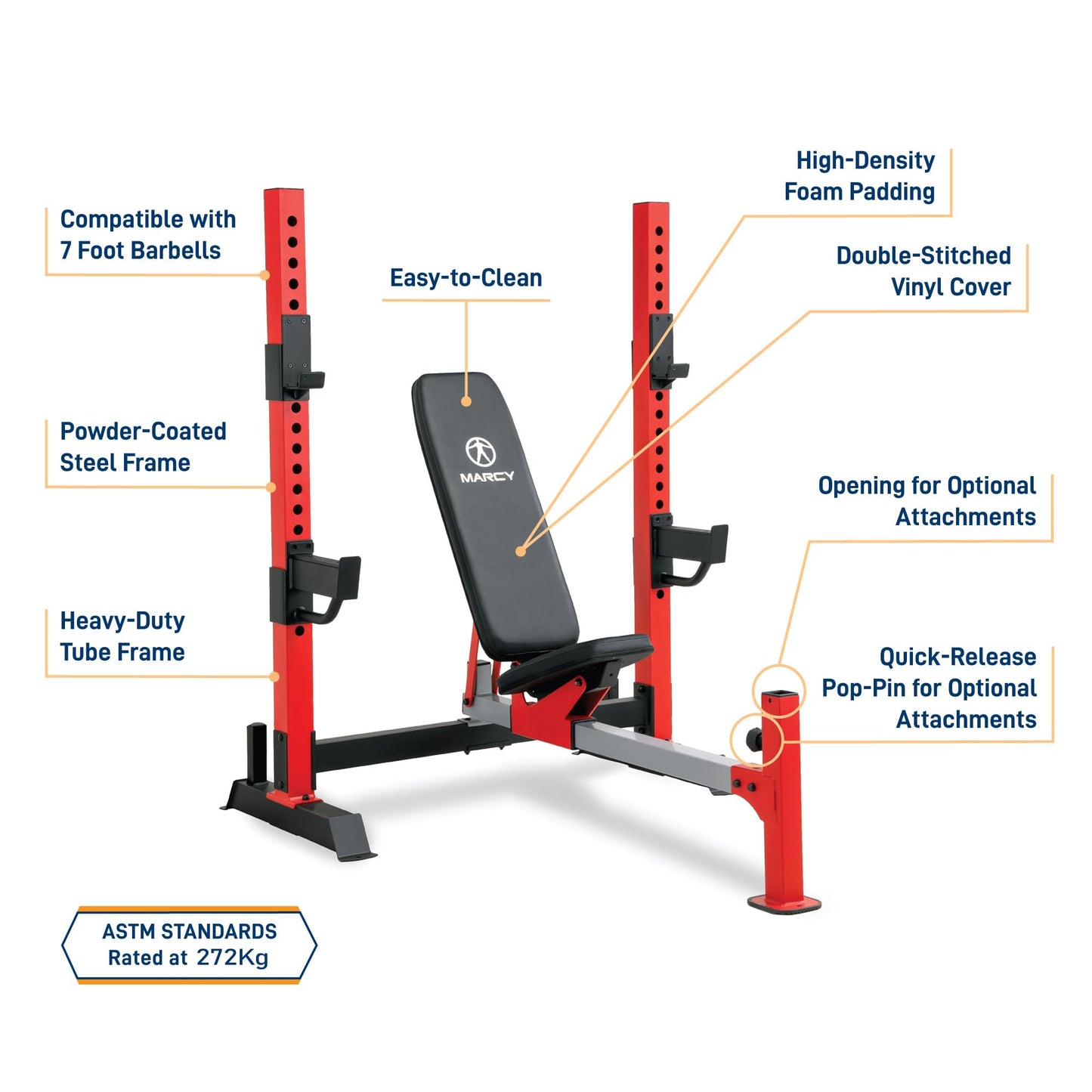 Marcy Deluxe Olympic Weight Bench with Adjustable Back and Bar Catch and Optional Arm Curl, Leg Developer, Lat Tower Attachments (Sold Separately), Personal Home Gym for Strength Training, Weightlifting