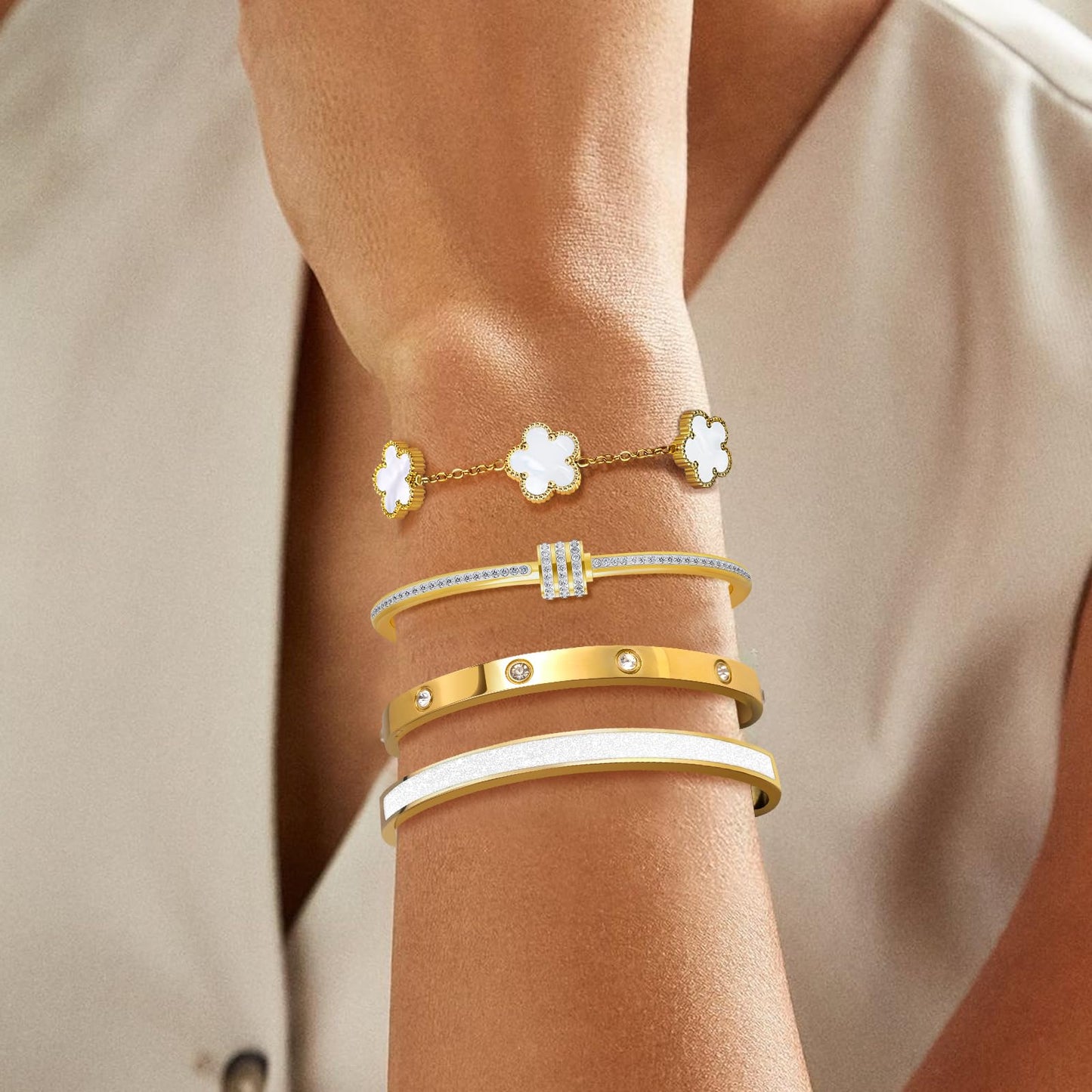 MOINSPIRE 18K Gold Plated Bracelets for Women, Stainless Steel Four Leaf Clover Tennis Nail Love Bangle Bracelets Set, Trendy Stackable Twist Cuff Bracelet Non Tarnish Jewelry Gifts for Christmas