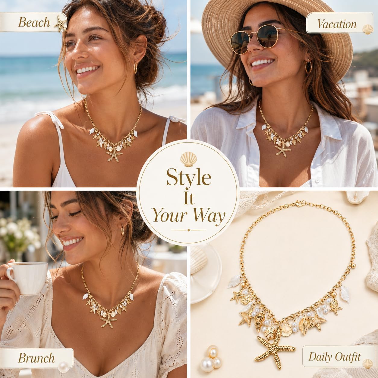 Shell Starfish Necklace for Women Gold Tone Layered Beach Jewelry Pearl Seashell Charm Adjustable Coastal Necklace for Summer Vacation Outfits Gifts