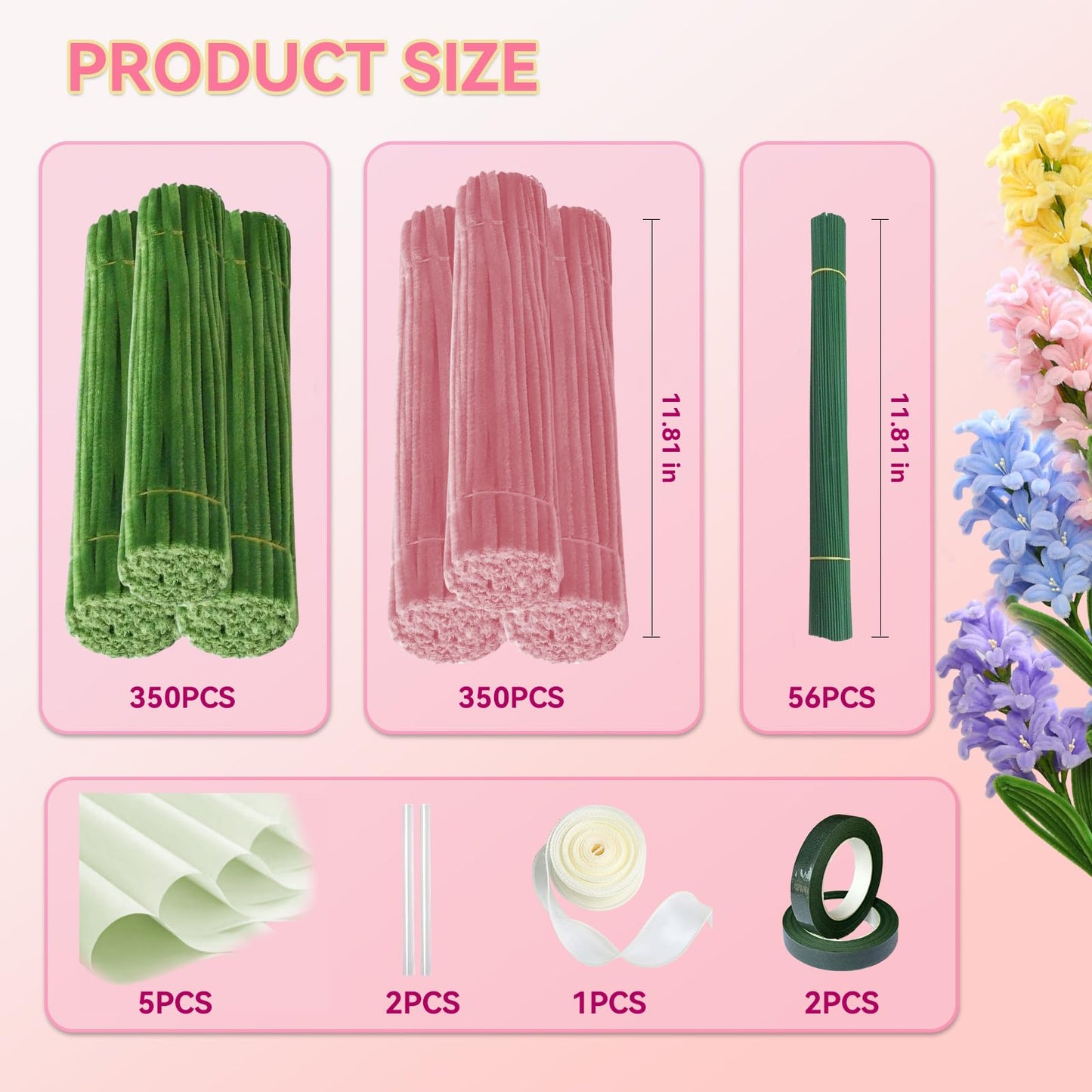 700pcs (Pink and Green) Tulips Pipe Cleaners, DIY Flower Bouquet Kit Chenille Stems,Flower Making Craft Materials(56Flowers),Art and Craft Supplies