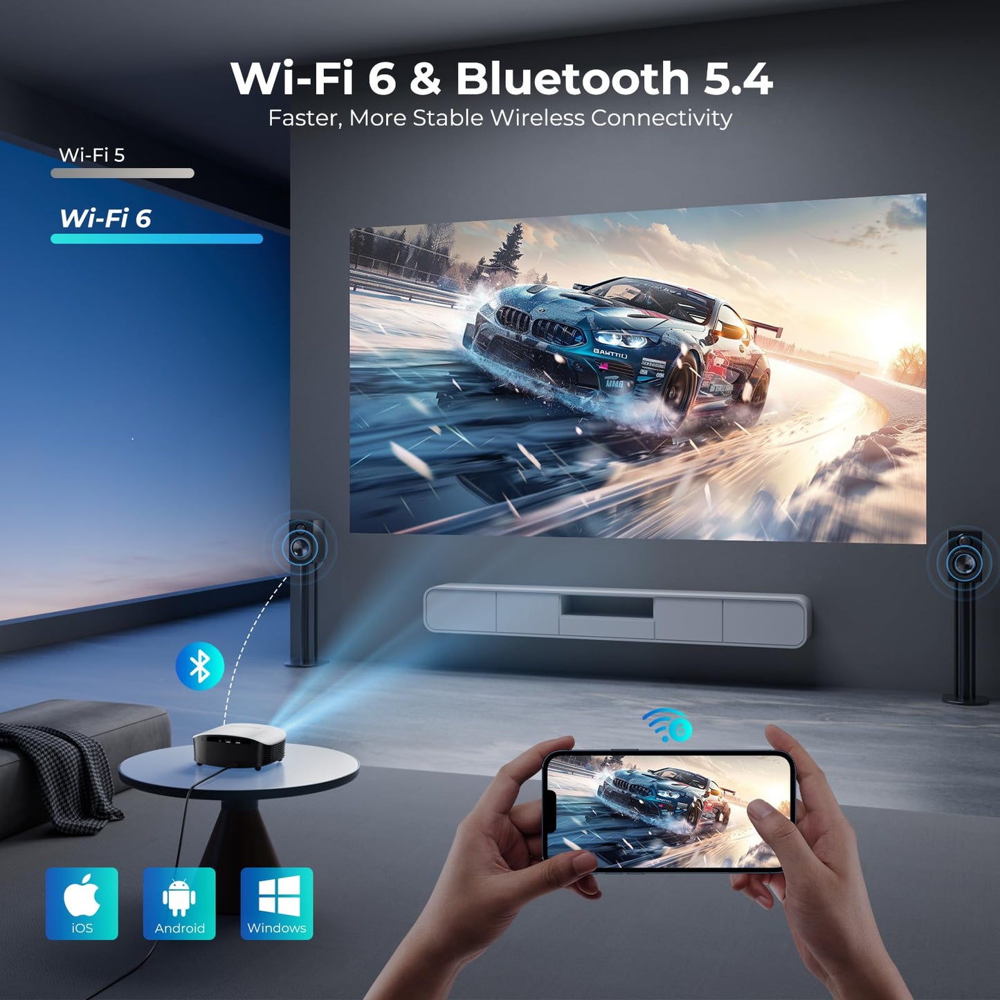 GooDee Smart Mini Projector with WiFi and Bluetooth - 1200 ANSI 4K Support, Compatible with Netflix/YouTube/Prime Video, AI Auto Focus & Keystone, Dolby Audio Home Theater Projector for Indoor/Outdoor
