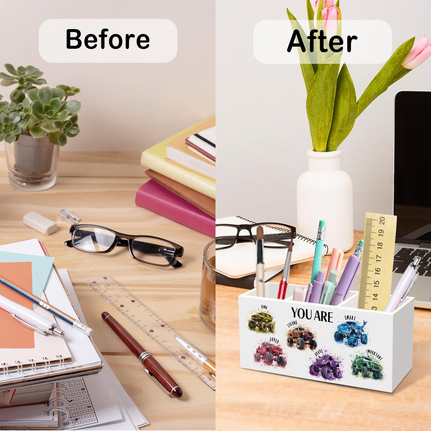 nvucamd Inspirational Monster Trucks Pen Pencil Holder for Desk, Motivational Office Desk Accessories, Boys Kids Positive Truck Pen Holders Organizer for Classroom Bathroom, You Are Kind