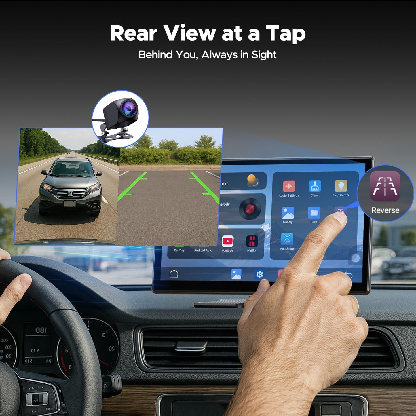 Volam 9'' Carplay Screen with Net-Flix YouTube and AHD Backup Camera Upgraded Wireless Android Auto Screen Portable AI Magic Video Box Built-in Apps Voice Control Car GPS for iOS 10+ Android 11+