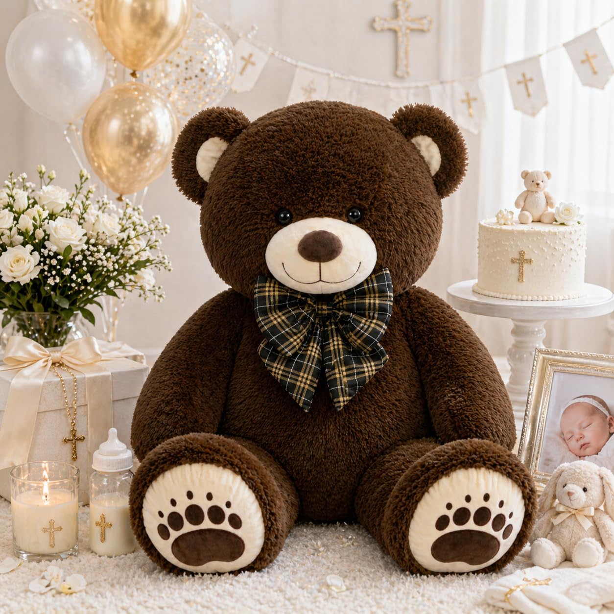 Karister Giant Teddy Bear 4 Feet, Lifesize Chocolate Brown Soft Plush Stuffed Animal with Bow Tie & Big Belly for Kids Girls Boys, Hugging Bear Birthday Gift for Girlfriend Valentines Christmas