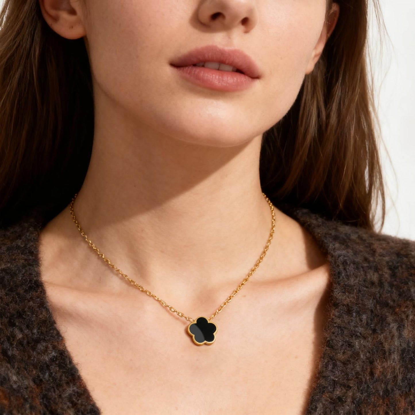 Aimétte Monette 18K Gold Plated Necklaces for Women Dainty Lucky Four Leaf Clover Gold Necklace Set, Charm Necklace for Mothers Day Gift Birthday Valentine's Day Black and White