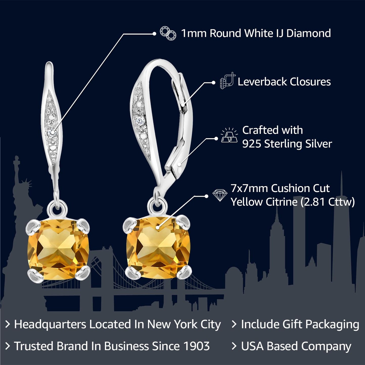 Gem Stone King Drop Dangle Earrings For Women | 7MM Cushion Cut Gemstone Birthstone and Diamond | 925 Sterling Silver | Jewelry Gift for Mom Wife Her | Citrine-November | Sterling Silver