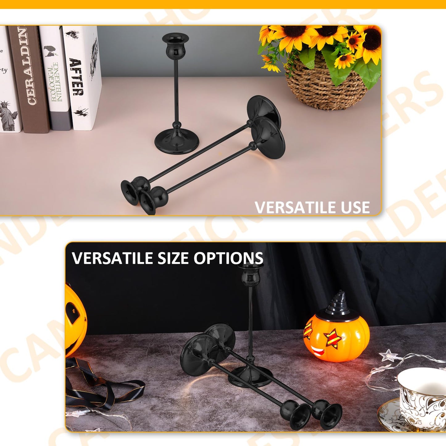 Taper Candle Holder Tall Vintage Metal Candlestick Holders Candle Stick Candelabra for Halloween Thanksgiving Christmas Holiday Wedding (Matt Black, 2 Sets (6 pcs))