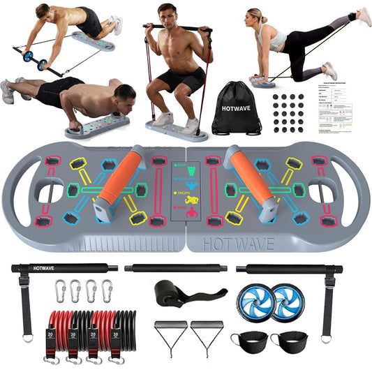 HOTWAVE Portable Exercise Equipment with 16 Gym Accessories,20 in 1 Push Up Board Fitness,Resistance Bands with Ab Roller Wheel,Full Body Workout at Home