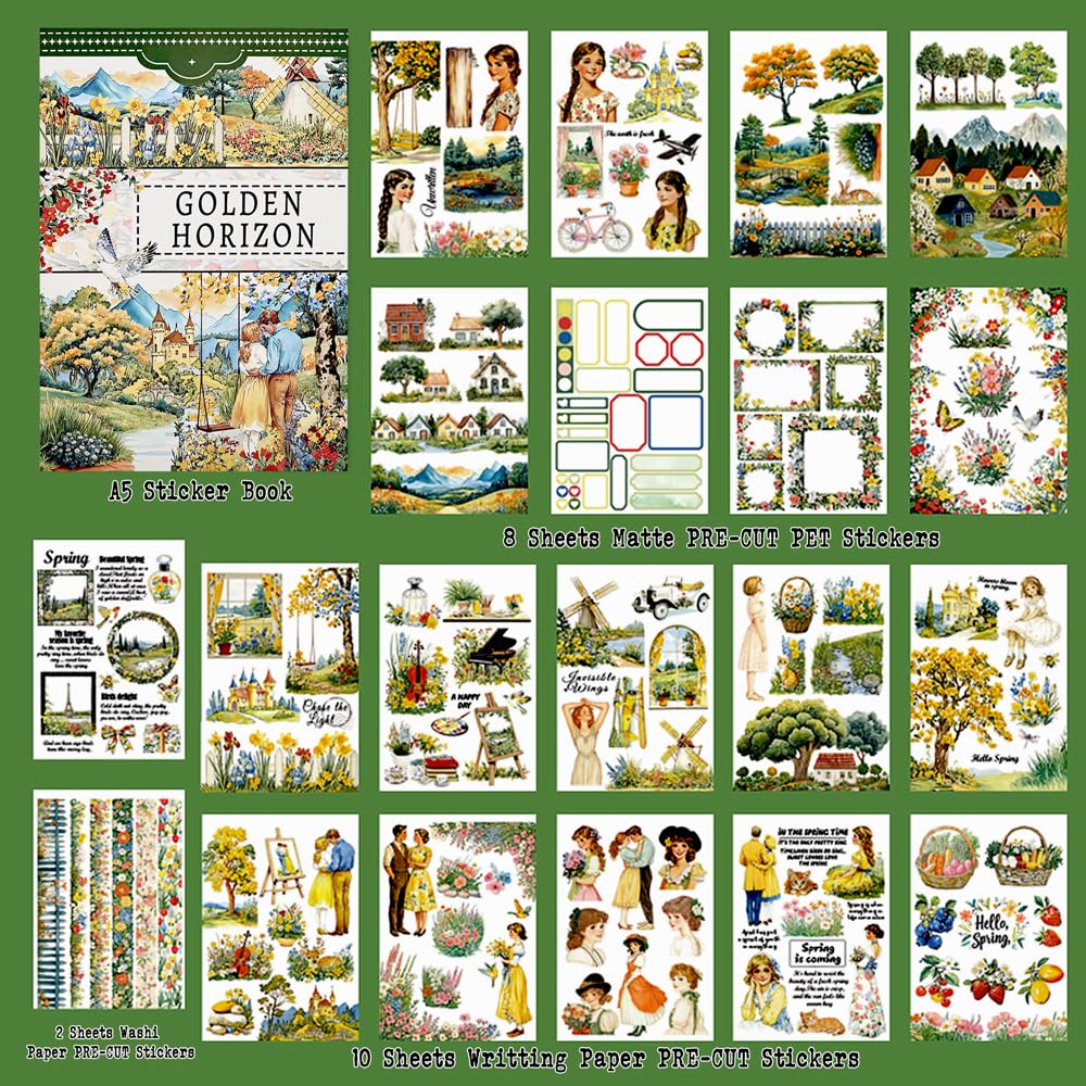 Dwpetzo Scrapbook Sticker Book for Scrapbooking, Golden Horizon Theme, 20 Sheets A5 Pre-Cut Washi Paper PET Stickers for Journaling, Junk Journal Supplies, Bujo, Collage, Crafts Arts