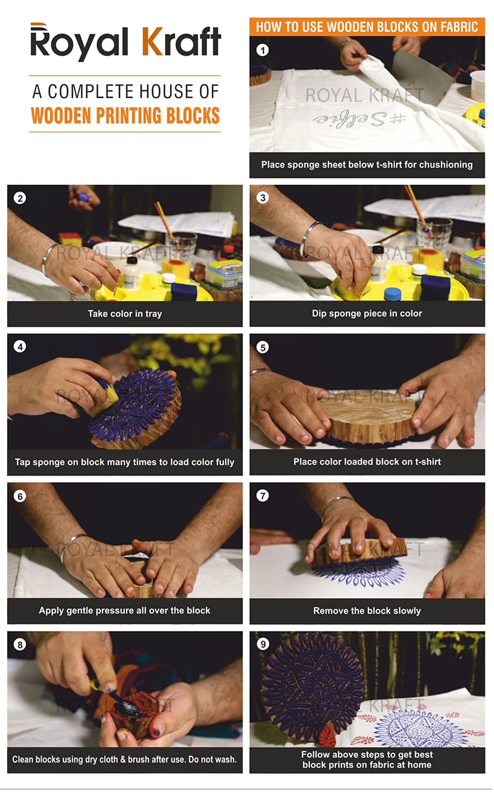 Royal Kraft Wooden Stamps for Block Printing on Saree Border, Textile, Clay, Pottery, Tattoo (Set of 10) MXtag0013