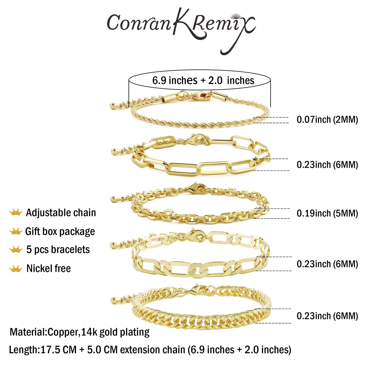 CONRAN KREMIX Gold Filled Bracelets For Women Dainty 14K Real Gold Plated Chunky Chain Layered Paperclip Rope Chain Stake Stackable Bracelet Set Fashion Trendy Gold Jewelry For Women