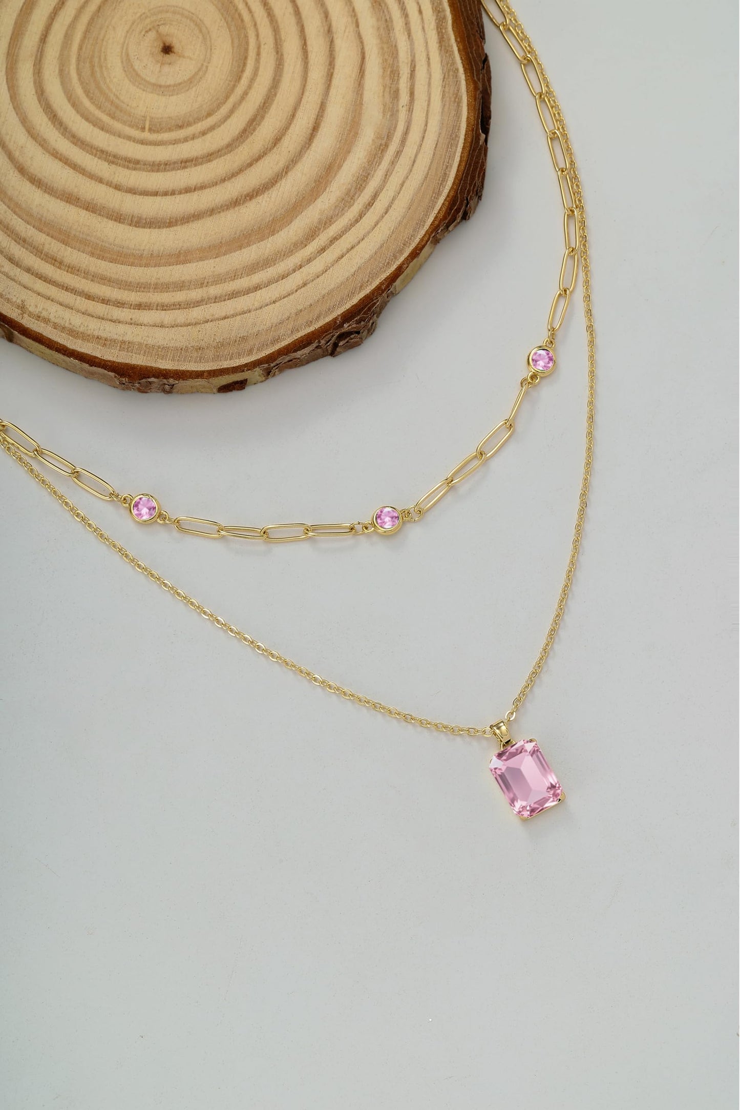 VANGETIMI Pink and Gold Layered Pendant Necklaces for Women 14k Gold Plated Crystal Choker Necklace Paperclip Rhinestone Necklace Party Prom Jewelry