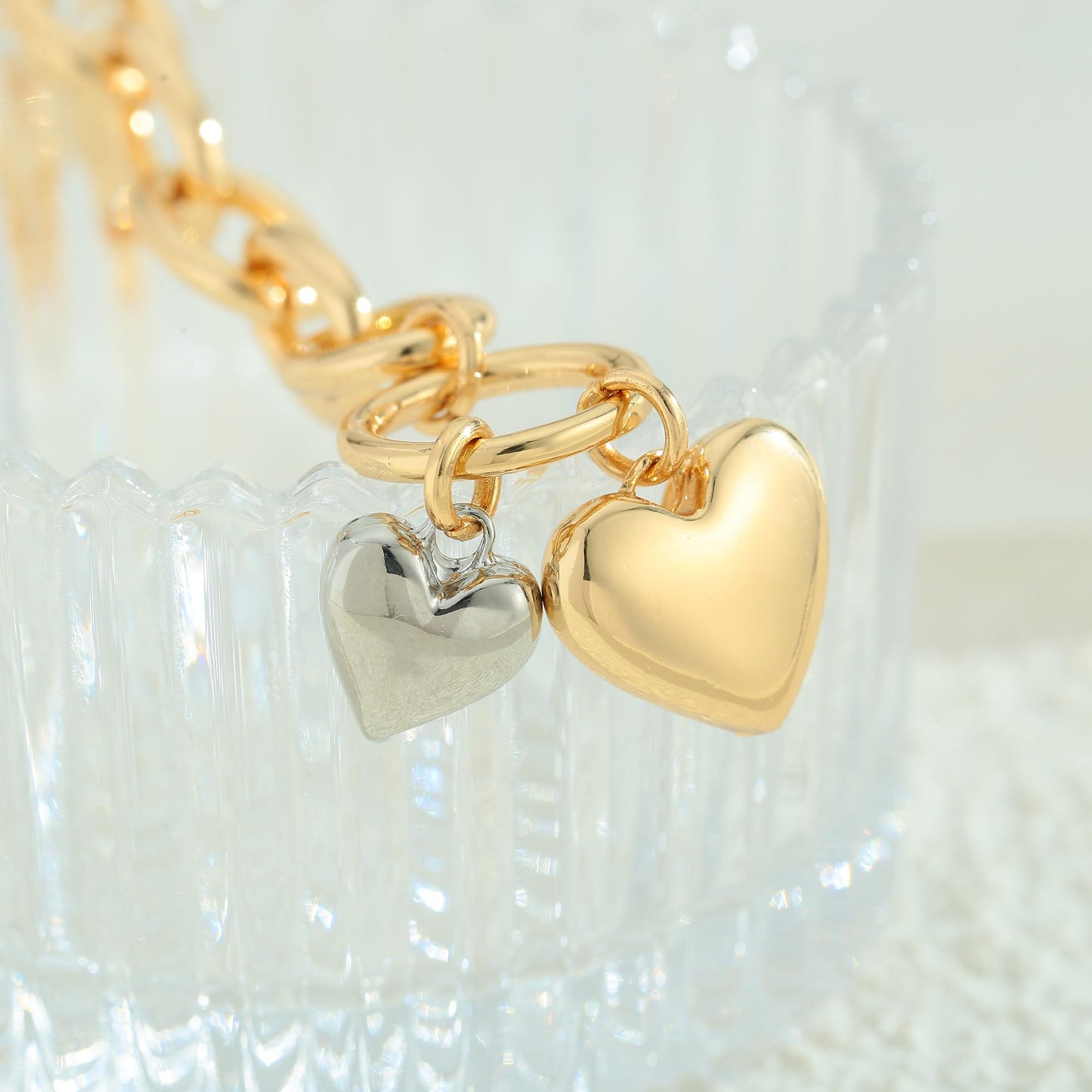 ENSKEFEN Chunky Gold Bracelets for Women with Gold Silver Heart Charms Bracelet Chunky Thick Large Link Chain Bracelet Fashion Romantic Statement Jewelry