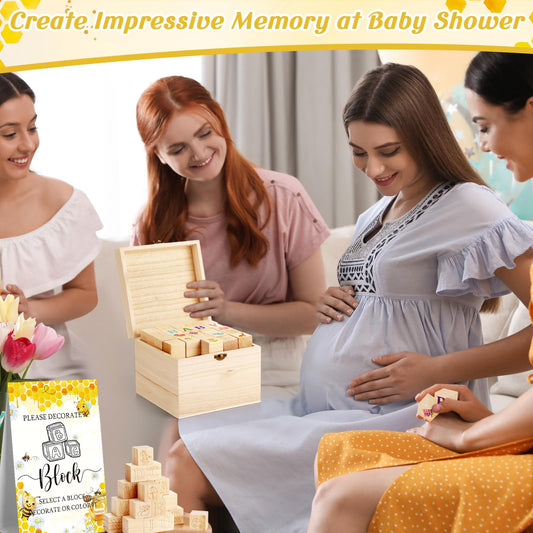 Marsui 136 Pcs Baby Shower Blocks to Decorate Game Kit Includes 98 Wooden Blocks, 36 Markers, 1 Game Sign, 1 Storage Box for Baby Shower Gender Reveal Activity Party Decorations(Bee)