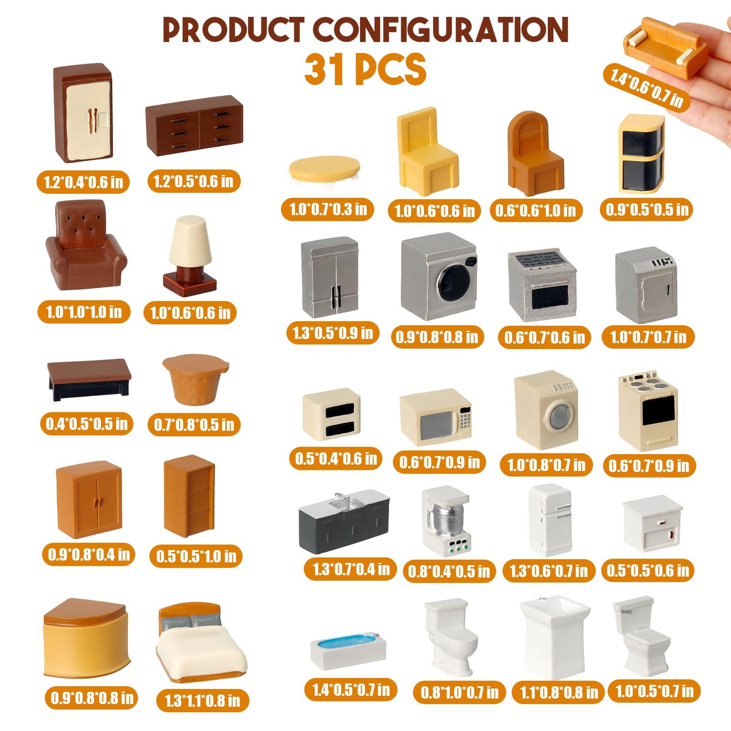 Hiawbon 31PCS Miniature Furniture Set, 1：48 Scale Resin Miniature Accessories and Furniture, Kitchen Bathroom and Living Room Set, Miniature Furniture Kit for Fairy Garden Home Decor
