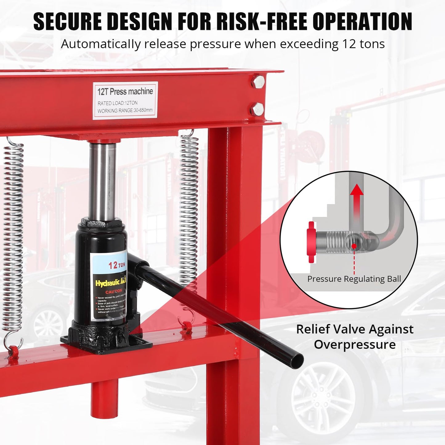 12 Ton Hydraulic Press, H-Frame Garage Floor Shop Press with Press Plates, Heavy-Duty Adjustable Hydraulic Shop Press, for Auto Bending Stamping, Red