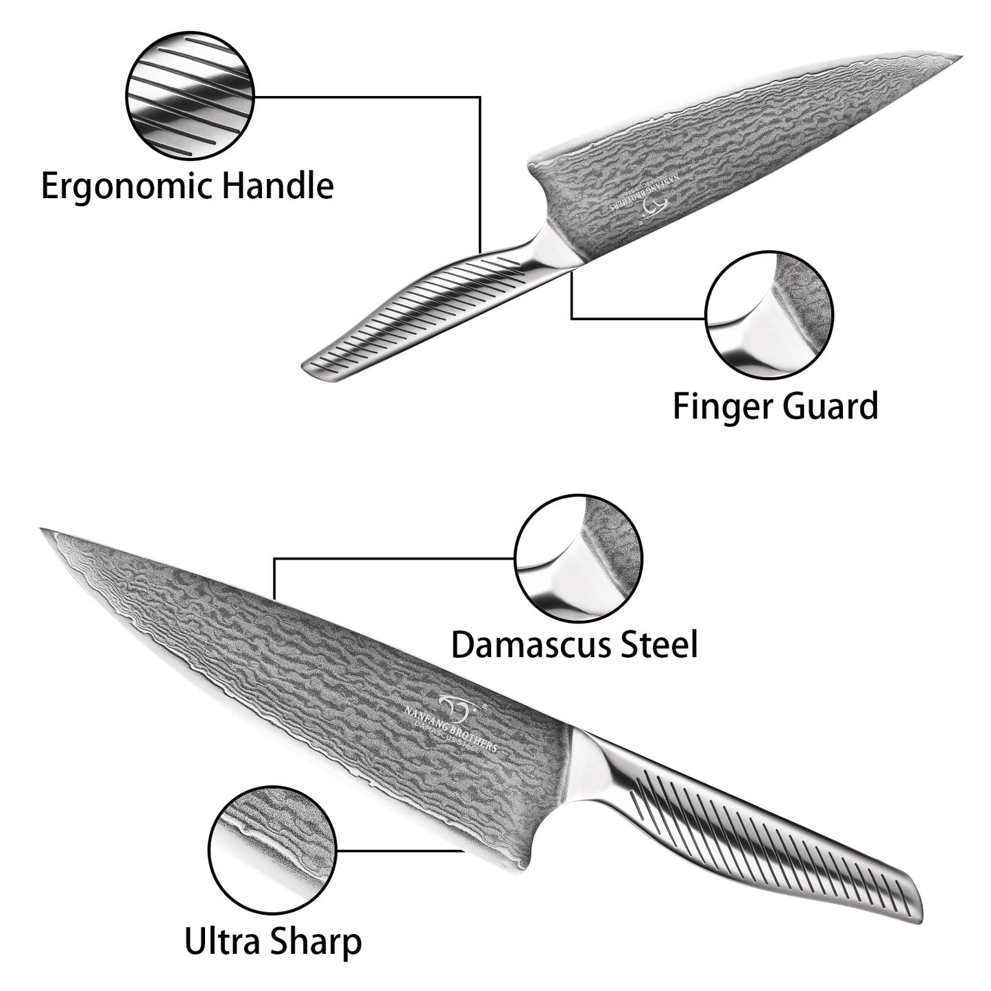 NANFANG BROTHERS® 10 Pieces Damascus Kitchen Knife Set, High Carbon Stainless Steel Damascus Steel Chef Knife Set, Stainless Steel Ergonomic Handle for Chef, with Built-in Sharpening Rod NF