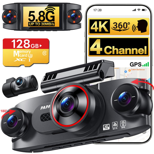 4 Channel 360° Dash Cam Front Rear and Left Right Inside, 4K+1080P*3 Dash Camera for Cars with Free 128GB SD Card, 5.8GHz WiFi-30MB/s, 24H Parking Mode, G-Sensor, GPS, Night Vision, Voice Control
