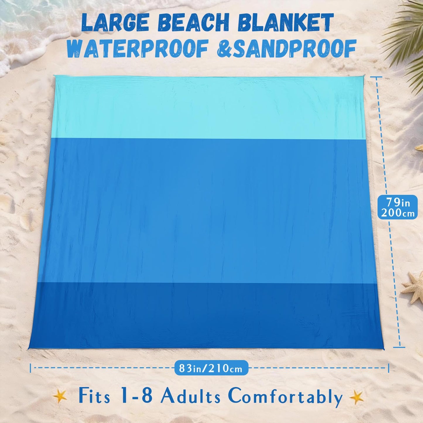 AlphaBeing Beach Blanket Waterproof Sandproof, Extra Large Beach Mat for 1–8 Adults, Oversized Picnic Blanket with 4 Stakes & Storage Bag, Essential Beach Gear for Travel (ThreeBlue, 79“×83”)