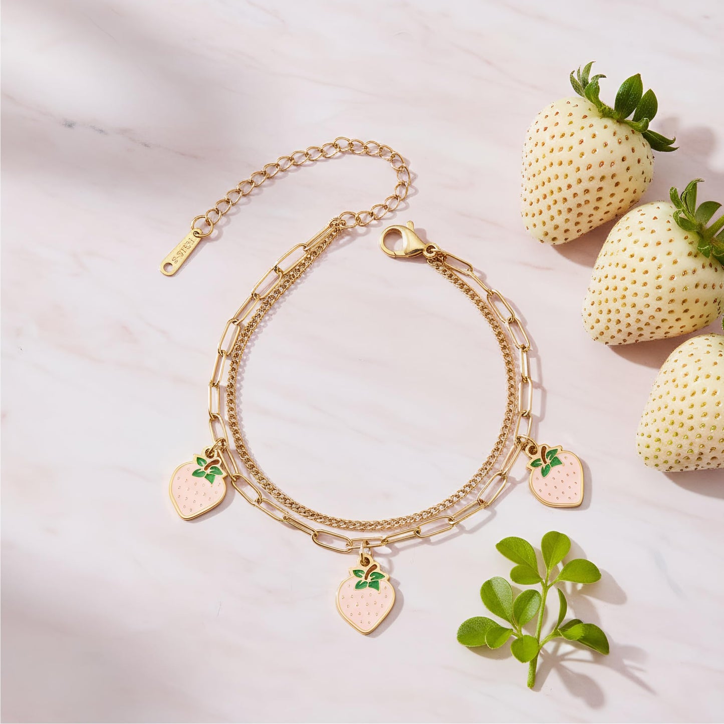 LCTrusttmor Gahna Strawberry Bracelets for Women, 18K Gold Plated Pink Strawberry Fruit Charms with Adjustable Layered Chain Link for Women Summer Jewelry Gifts