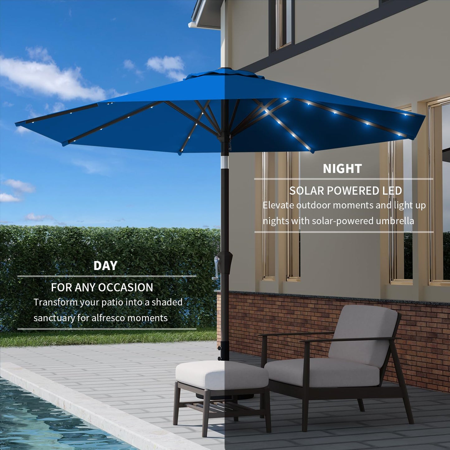 Tobeos 9FT Patio Umbrella with Solar Lights,Outdoor Market Umbrella with Tilt and Crank, LED Lighted Table Umbrella for Garden,Deck,Backyard,Pool,Beach (Royal blue)