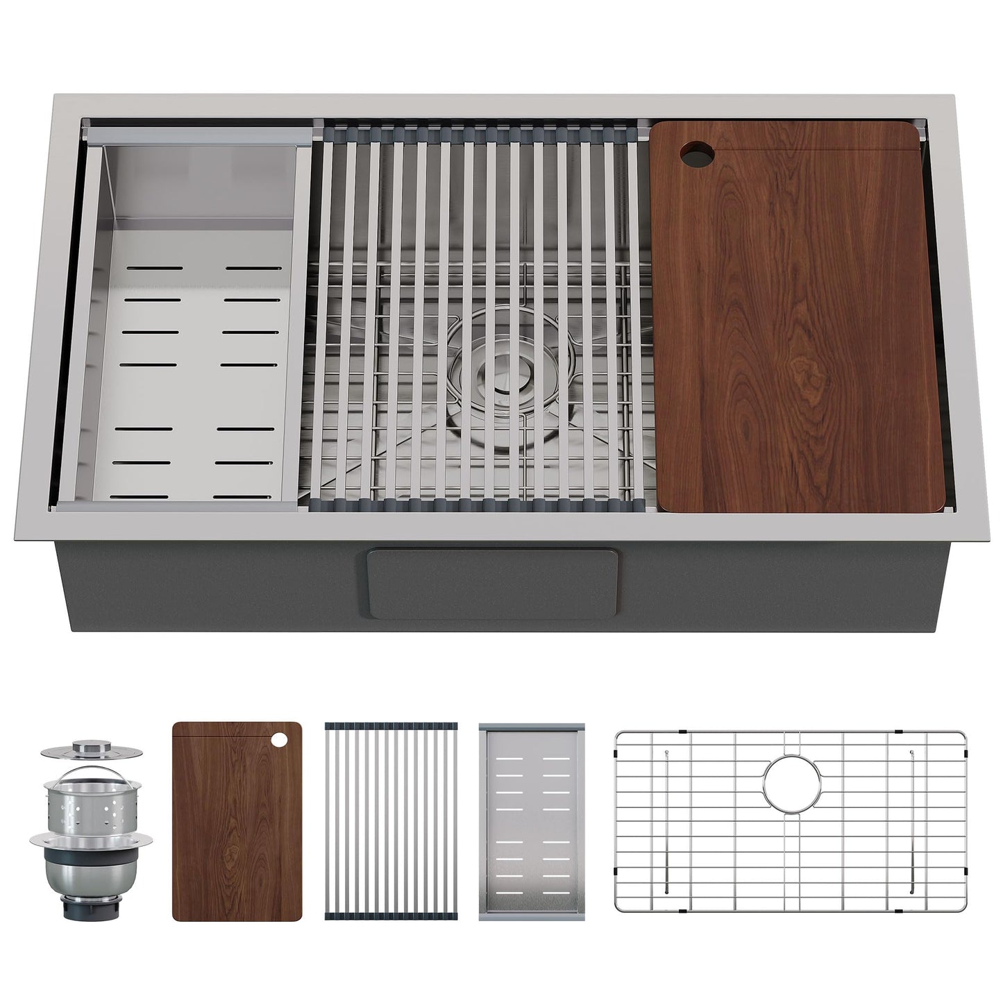 Jocisland 32x19 Inch Undermount Kitchen Sink Workstation, 16 Gauge 304 Stainless Steel Single Bowl Kitchen Sink with Cutting Board, Drying and Roll-Up Accessories and Drain Assembly