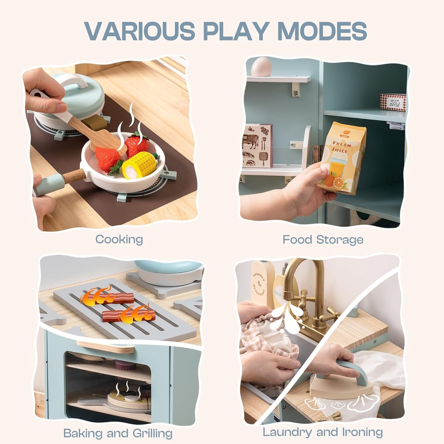ROBOTIME Wooden Play Kitchen, Toddler Kitchen Playset with Oven, Fridge & Washing Machine, Kids Kitchen Playset Gift for 3+ Year Old Boys & Girls