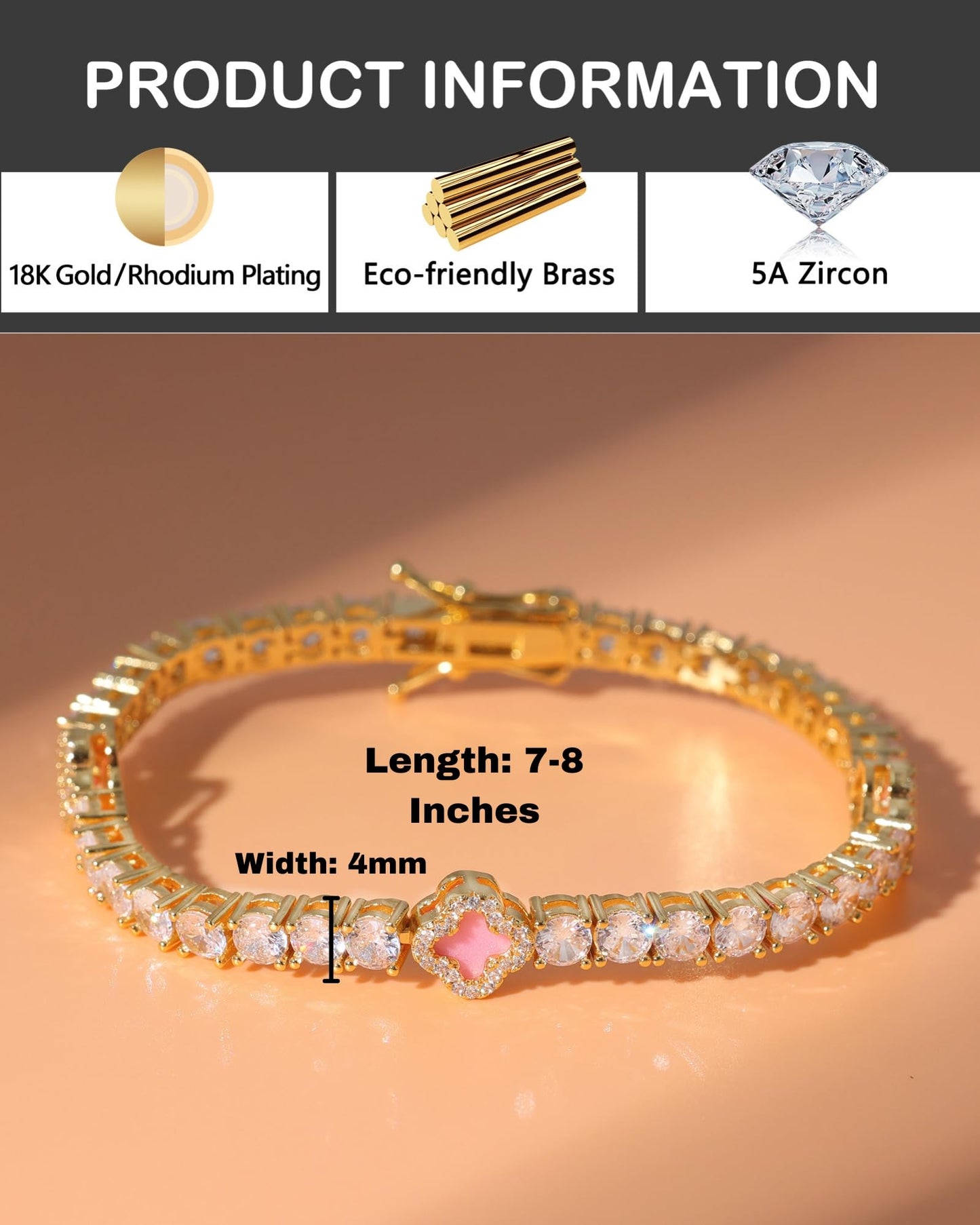 LuxeFlex 4mm Iced Out Clover Tennis Bracelet, White Gold Plated with 5A Zircon Stones, Handmade exquisite Hip Hop Jewelry, Perfect Unisex Gift (Gold-Pink,7)
