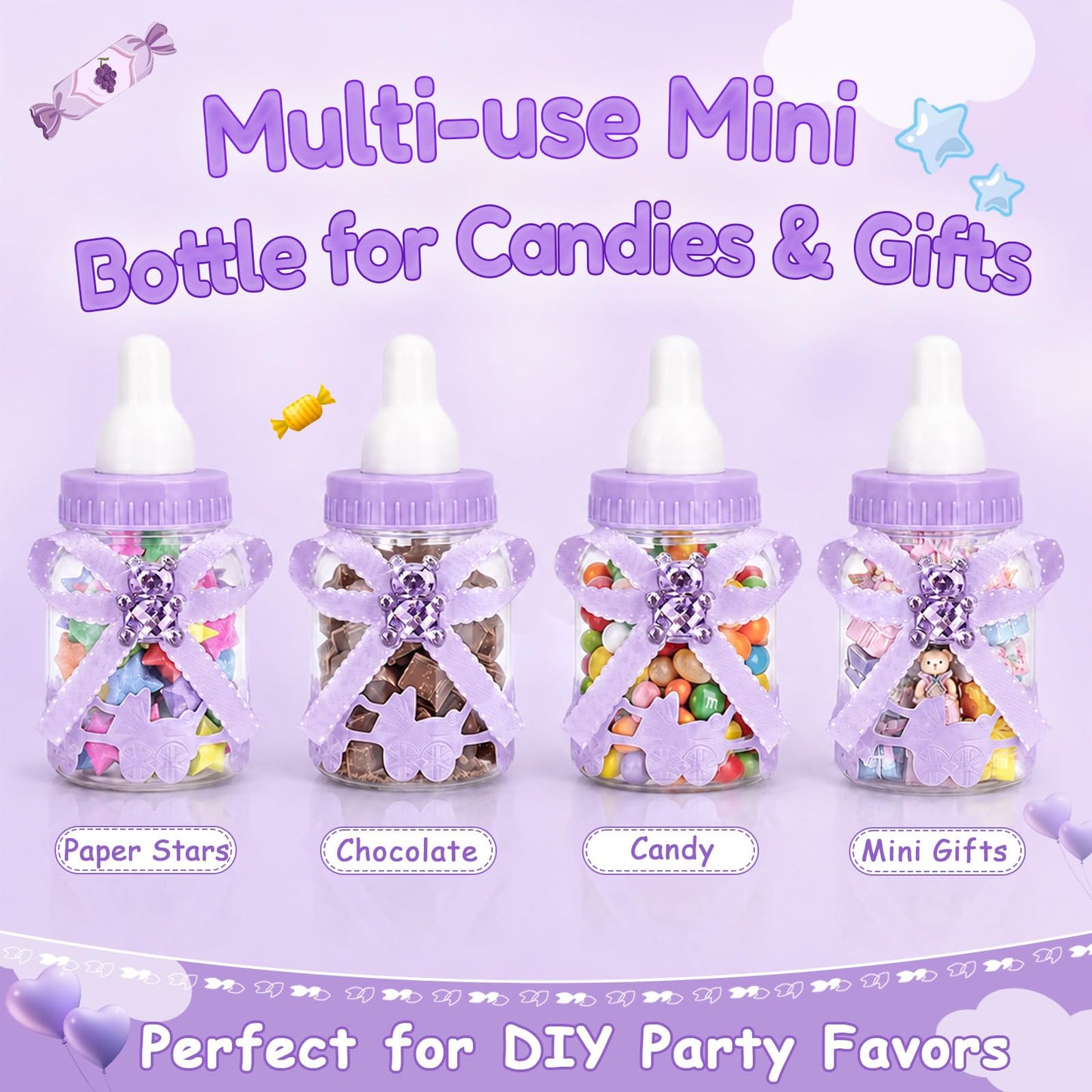 MACTING 2 Dozens 3.5 Inch Feeding Bottle Candy Box with 5Pcs Artificial Flower Rose for Baby Shower Favor Gift Decoration (Purple)