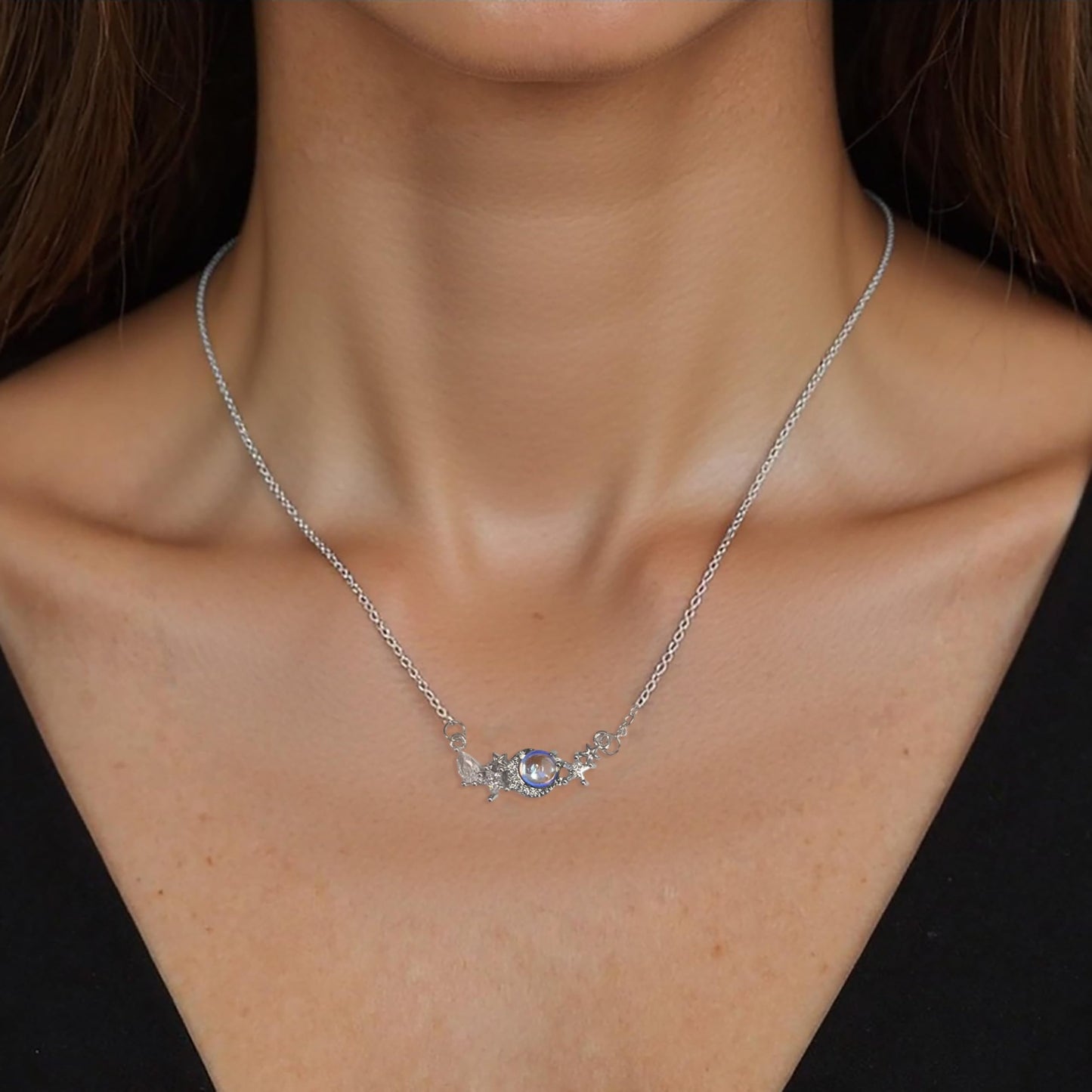Buyongwant Star Moon Necklace for Women Moonstone Irregular Pendant Simple High Fashion Jewelry Silver