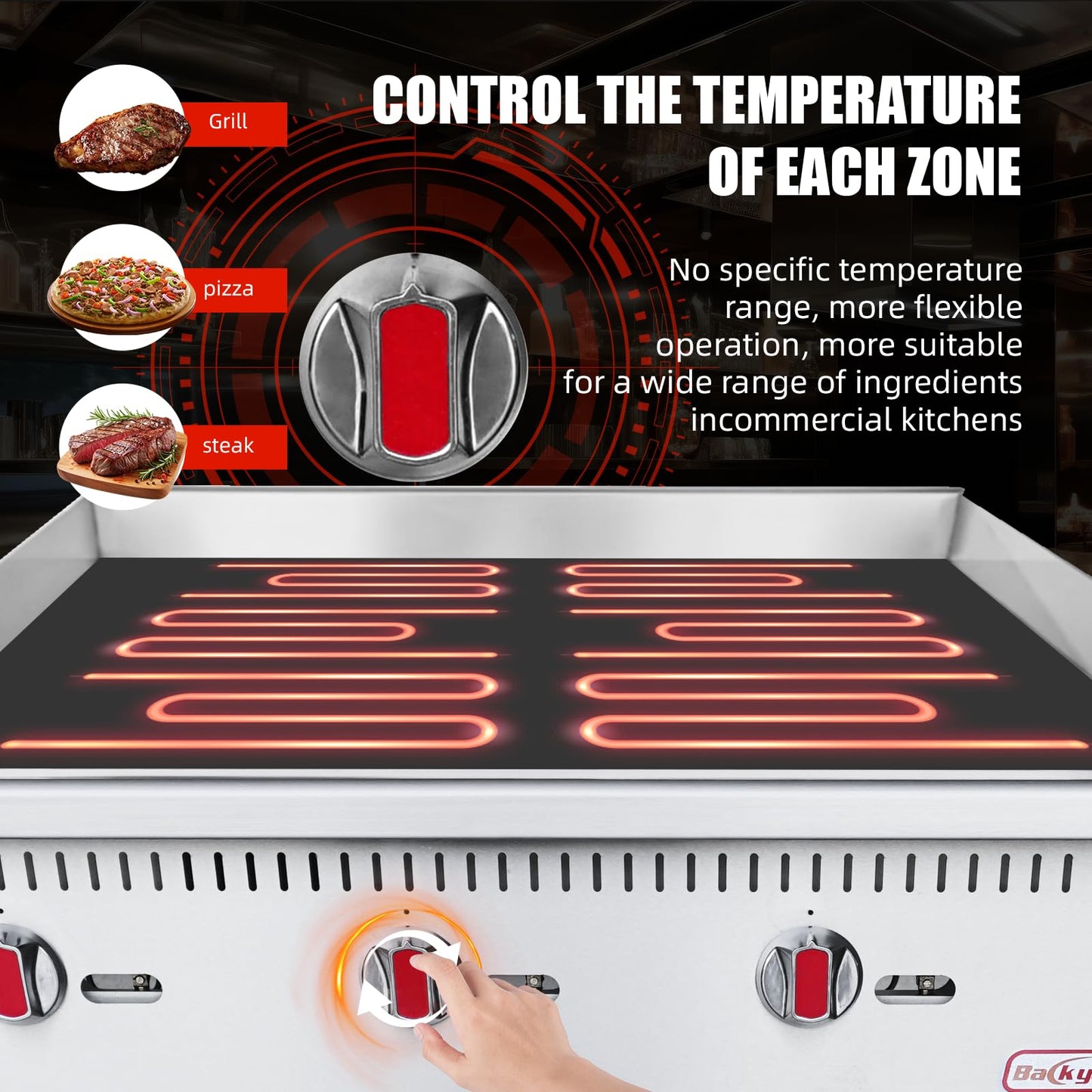 Backychu Commercial Gas Griddle - 36" Countertop Griddle. 90,000 BTU Flat Top Griddle, Natural Gas (NG) / Propane, CSA Certified Stainless Steel Teppanyaki Grill for Restaurants