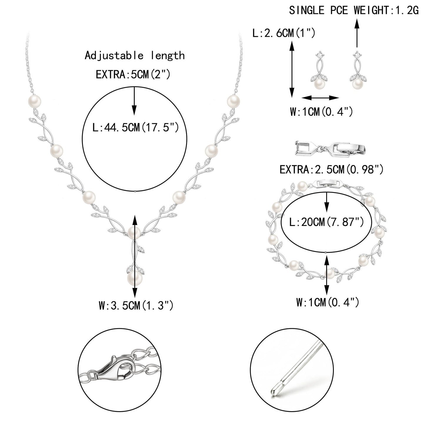 EVER FAITH Bridal Jewelry Set for Bride, White Gold-Plated-Brass Cubic Zirconia Simulated Pearl Leaf Filigree Prom Party Necklace Earrings Bracelet Sets for Women fit Wedding Dress