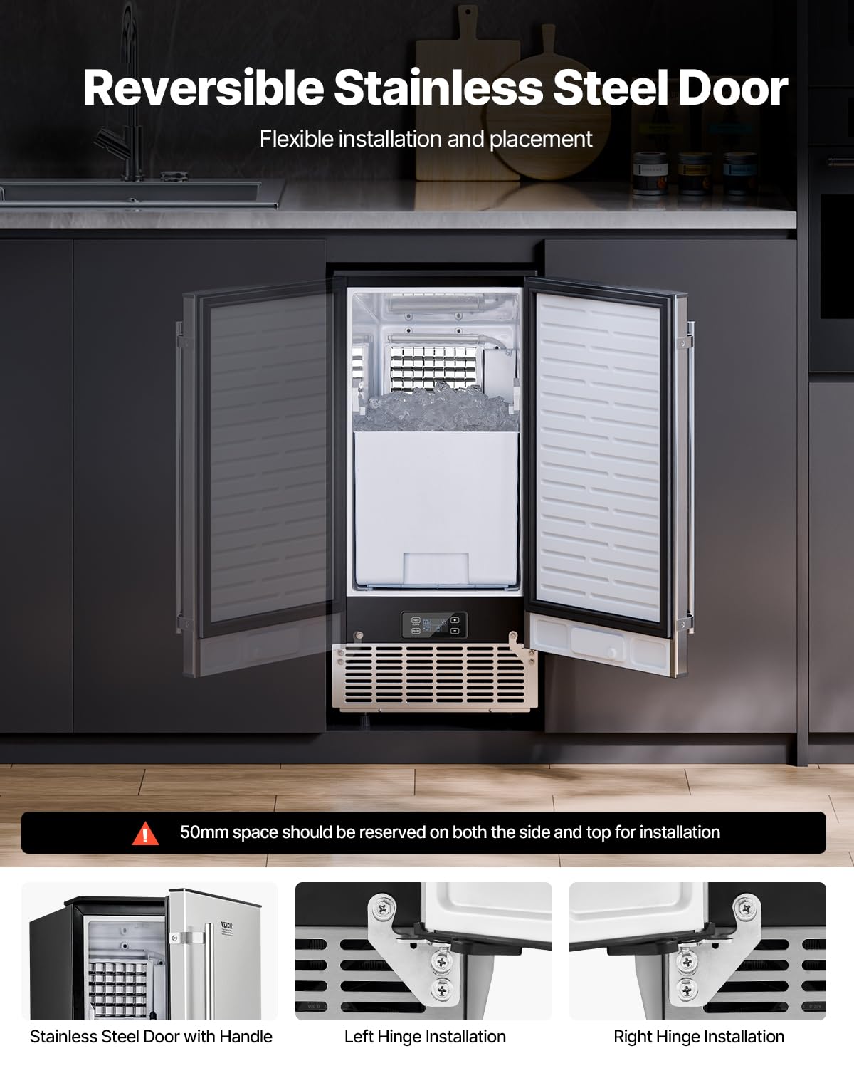 VEVOR Under Counter Ice Maker Machine, 80 Lbs/Day Undercounter Built-in Ice Maker with Reversible Door, Stainless Steel Freestanding Ice Machine for Commercial Home Kitchen