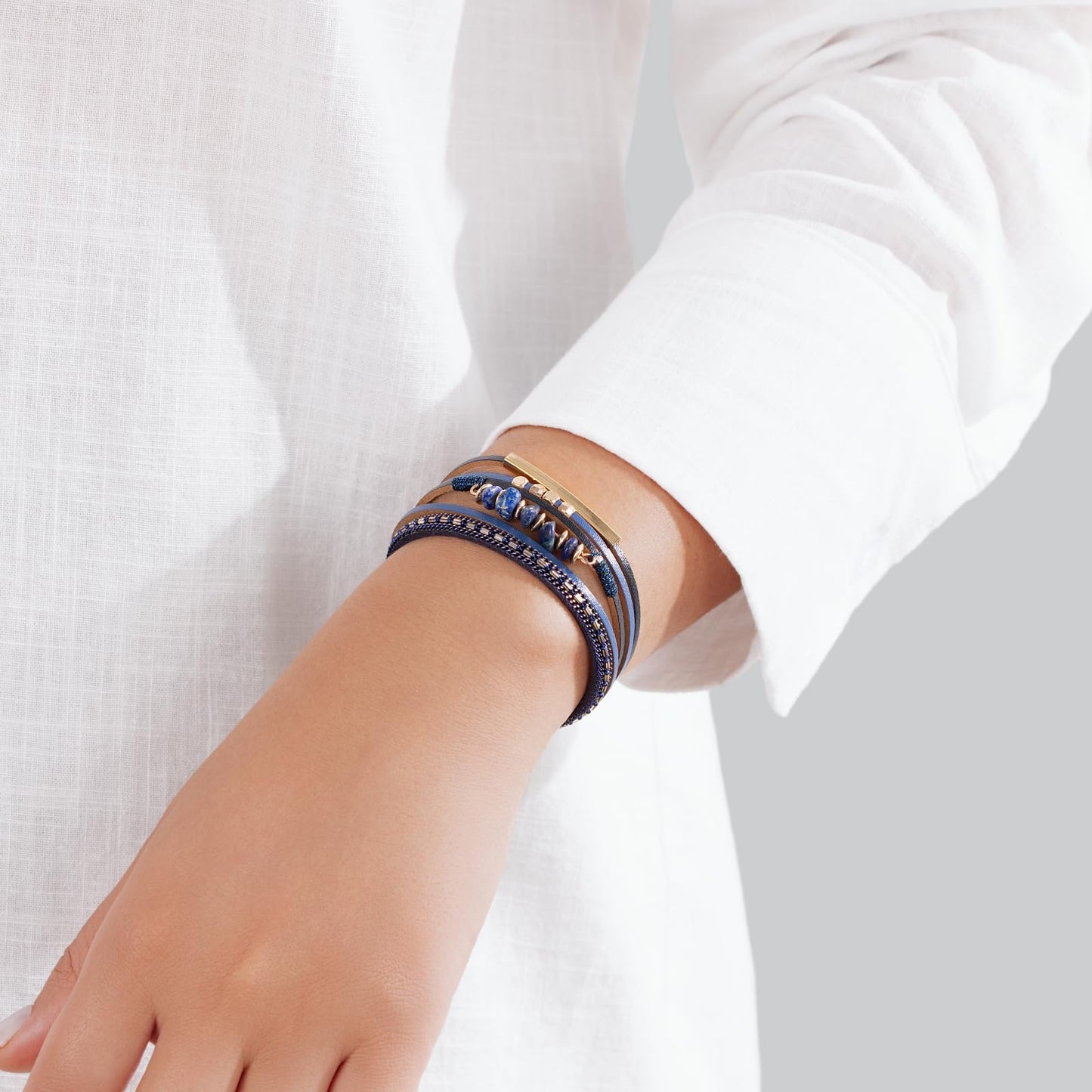 Becklynn Boho Gemstone Beaded Leather Wrap Bracelets Stackable Chunky Cuff Bracelet Western Jewelry Hippie Cowgirl Cowboy Accessories Country Concert Outfits for Women(Navy Blue)