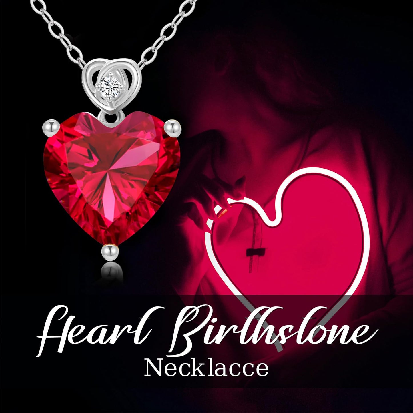 NFYBD 14k White Gold Love Heart Ruby Birthstone Pendant Necklace for Women 3 Carat Heart-cut Created Gemstone Anniversary Birthday Mother's Day Necklaces for Her-jul