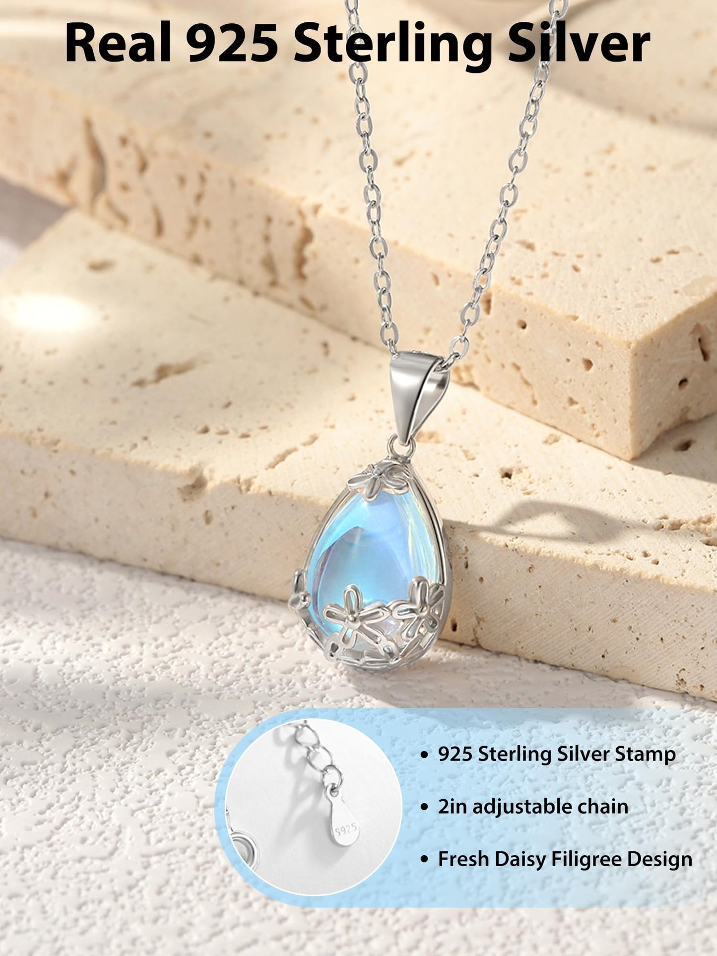 PUPILLEMON 925 Sterling Silver Moonstone Necklace for women, Moon Stone Daisy Filigree Pendant Necklaces With an Elegant Card,Moonstone Jewelry Gift for Women
