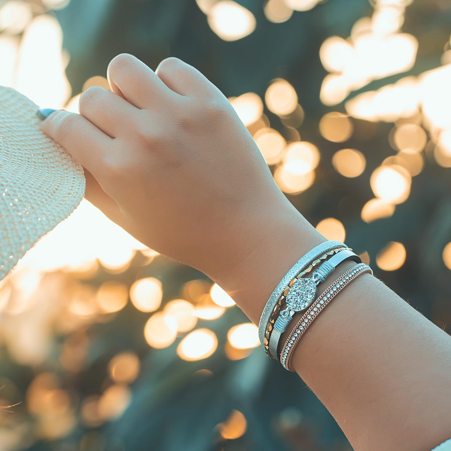 FANCY SHINY Boho Leather Wrap Bracelet Stackable Chunky Crystal Cuff Bracelets with Magnetic Clasp Cowboy Cowgirl Western Summer Beach Outfits Jewelry Gifts for Women (7.7", Silver/Gold)